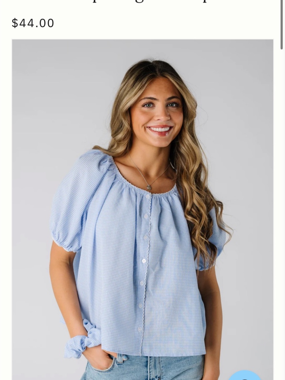 Light Blue Gingham Puff-Sleeve Button-Front Blouse